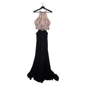 Black prom dress w/ open sides & one leg slit (worn once,great condition)